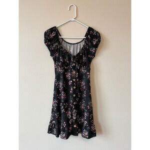 No Boundaries Floral Mini Dress Black Pink Button Front Ruffle Hem Womens Medium